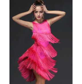 Black red fuchsia hot pink tank bandage backless women's ladies female v neck fringes competition professional performance latin salsa samba dance dresses